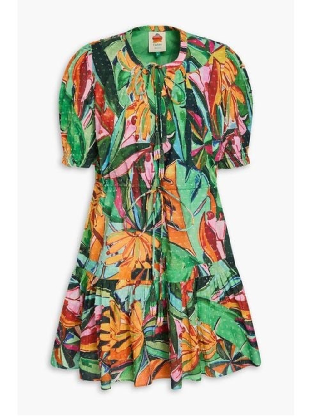 Farm Rio Banana Foliage Swiss-Dot Cotton Mini Dress - large